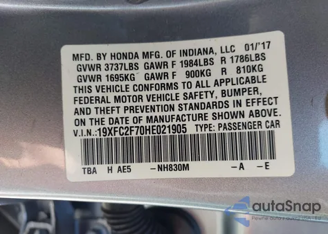 2017 Honda Civic Ex from USA, damaged, VIN 19XFC2F70HE021905